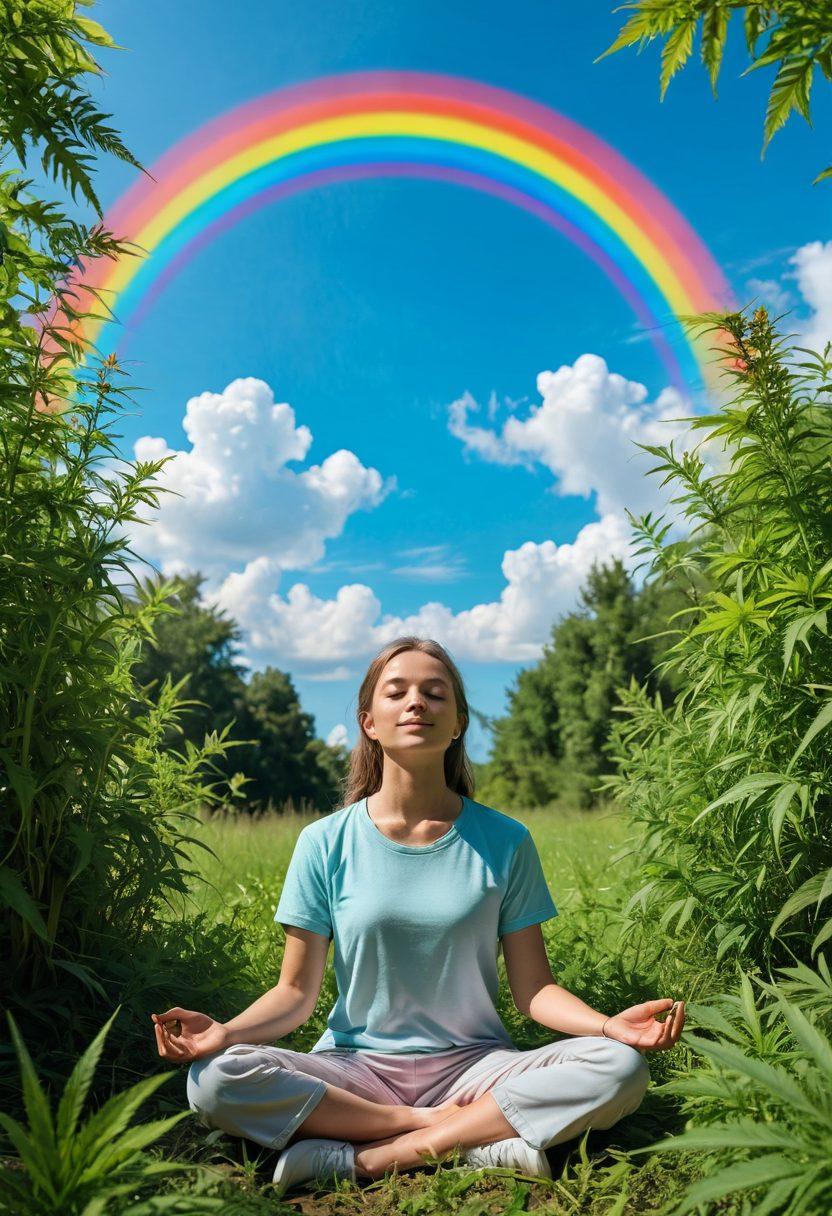 A serene scene depicting a person meditating in a lush green field, surrounded by blooming cannabis plants under a bright blue sky. The atmosphere radiates warmth and tranquility, with soft sunlight filtering through the leaves, casting gentle shadows. The person's face is illuminated with a subtle, blissful smile, capturing the essence of ecstatic happiness. In the background, a vibrant rainbow arches over the scene, symbolizing joy and harmony. pastel colors. ultra-realistic. bright and cheerful atmosphere.