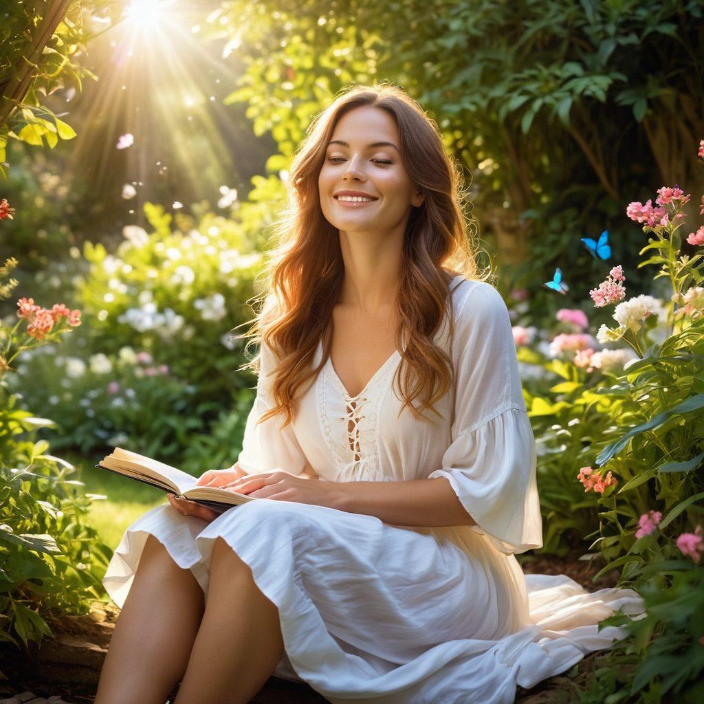 A tranquil scene of a serene woman, Mary Jane, with a radiant smile, sitting cross-legged in a lush garden filled with blooming flowers, symbolizing ecstatic happiness. Soft sunlight filters through the leaves, creating a warm and inviting atmosphere. Around her, ethereal wisps of colorful light float, representing the secrets of blissful living. Incorporate an open book in her lap and butterflies fluttering nearby. super-realistic. vibrant colors. peaceful ambiance.