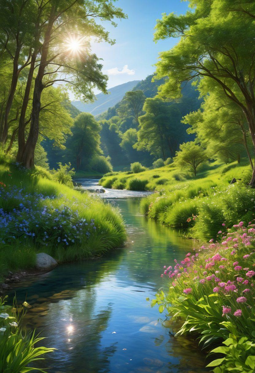 A serene landscape featuring a tranquil river flowing through a lush green valley, with gentle hills in the background under a bright blue sky. A lone figure meditating by the water, surrounded by blooming flowers symbolizing joy and contentment. Soft rays of sunlight filtering through the trees create a peaceful ambiance. The overall scene conveys a sense of bliss and introspection. super-realistic. vibrant colors. 3D.